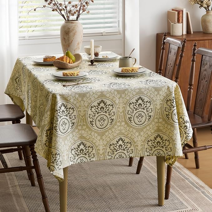 Retro Brown Floral Rectangle Tablecloth: Linen Printed Farmhouse Table Cloth - Chocolate Damask Pattern on Burlap Textured Fabric Outdoor Table Cover for Kitchen,Dining,Party,Picnic Decor, 55x120 Inch