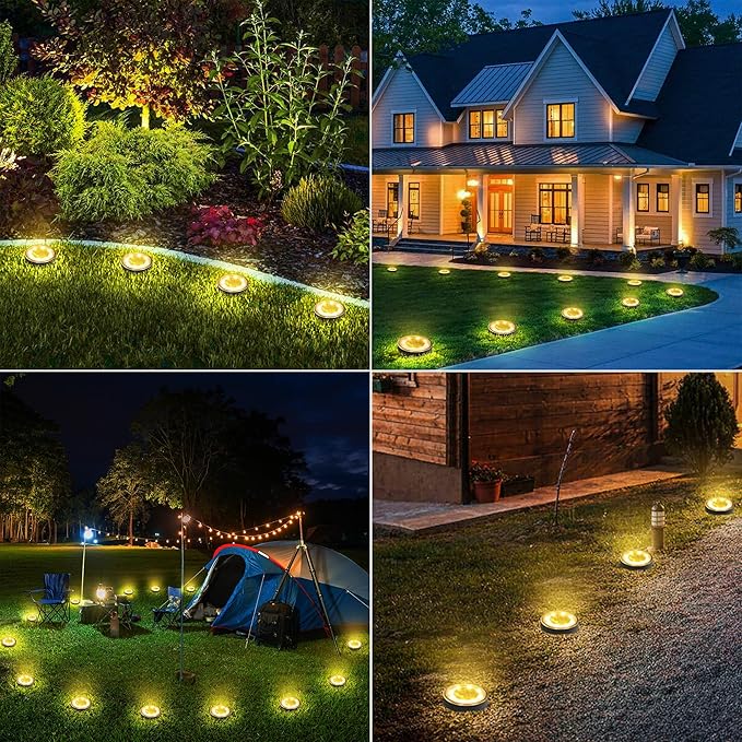 Joomer 16 Pack Solar Ground Lights, 2-in-1 Solar Lights Outdoor Waterproof Solar Powered Disc Light Landscape Garden Lighting Light for Patio Pathway Lawn Yard Driveway Walkway Deck Step(Warm White)