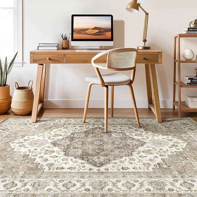 8x10 Area Rugs Living Room: Washable Boho Large Neutral Vintage Soft Rug Stain Resistant Farmhouse Non-Slip Indoor Floor Carpet for Bedroom Nursery Kids Playroom Office Dining Room Home- Brown Beige