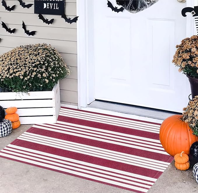 Red and White Striped Outdoor Rug 24'' x 35'' Door Mat Outdoor Machine Washable Welcome Mats Cotton Hand-Woven Entryway Rug for Front Porch/Entryway/Laundry/Bathroom/Bedroom
