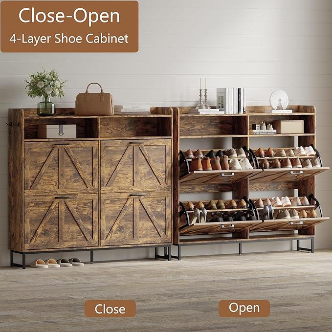 Shoe Cabinet with 4 Flip Drawers, Freestanding Hidden Shoe Storage Organizer for Entryway, Narrow Slim Shoe Rack Cabinet with Open Storage & Hooks for Front Door Entrance, Living Room, Hallway, Brown