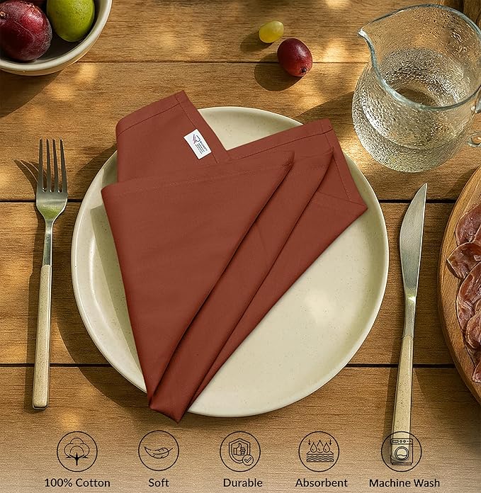 Ruvanti Cloth Napkins Set of 12, 100% Cotton High GSM 18x18 Inches Soft, Washable, Highly Durable & Absorbent, Perfect for Parties, Christmas, Thanksgiving Dinners – Rust