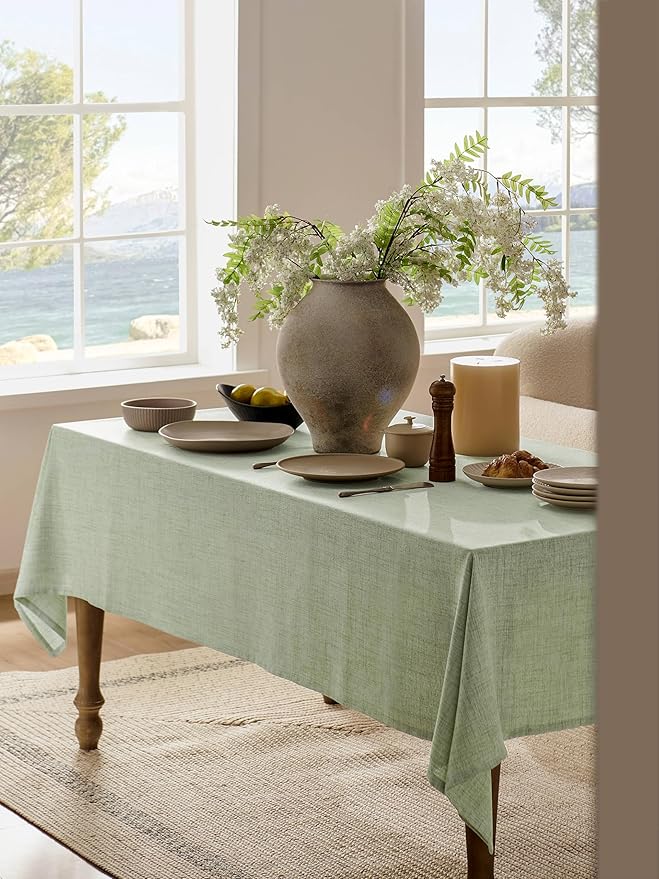 Linen Tablecloth for Square Table 60x60 Inch Green, Farmhouse Style Sage Green Tablecloth, Water Resistant Burlap Tablecloths for Dining Table Farmhouse Kitchen