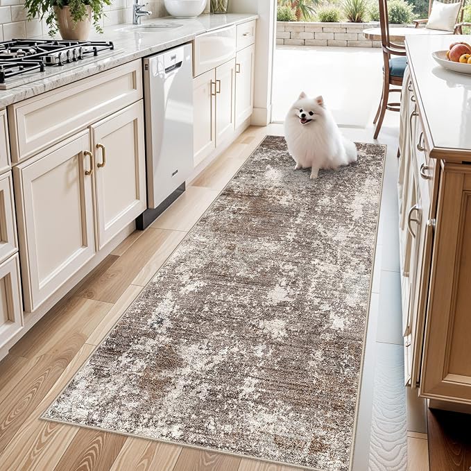 3x7 Kitchen Runner Rug – Washable Non-Slip Modern Abstract Neutral Carpet for Hallway, Entryway, Bedroom, Laundry Room & Bathroom – Low-Pile Thin Stain-Resistant Wide Floor Runner(Brown Beige,3x7)