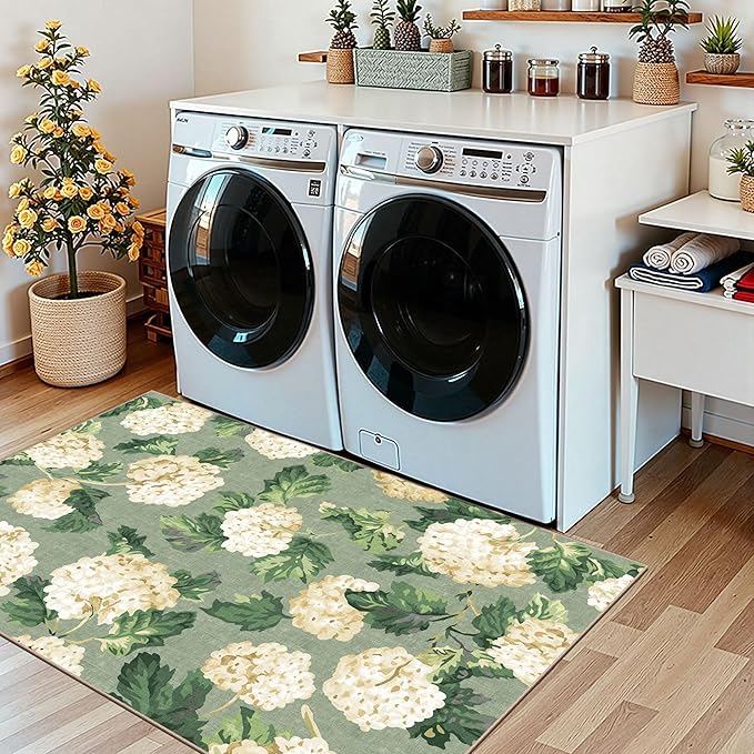 3x5 Floral Entry Rug - Small Washable Indoor Outdoor Mats for Front Door Non-Slip Porch Rug Sage Green Spring Flower Throw Rugs for Living Room Bedroom Entryway Kitchen Office Porch Decor
