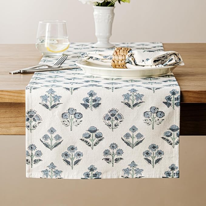100% Cotton Block Print Floral Table Runners, 13x108 Inch Dusty Blue Farmhouse Table Runners 108 Inches Long Boho Flowers Home Decors
