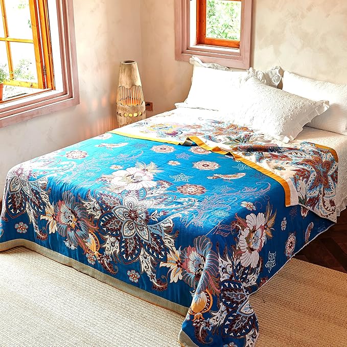 VANJOROY Boho Throw Blanket, 100% Organic Cotton Breathable Skin-Friendly Ultra Soft Bed Quilt Throw - All Season Floral Bird Farmhouse Décor Luxury Blanket for Sofa Couch Chair and Gift. 50" x 60"