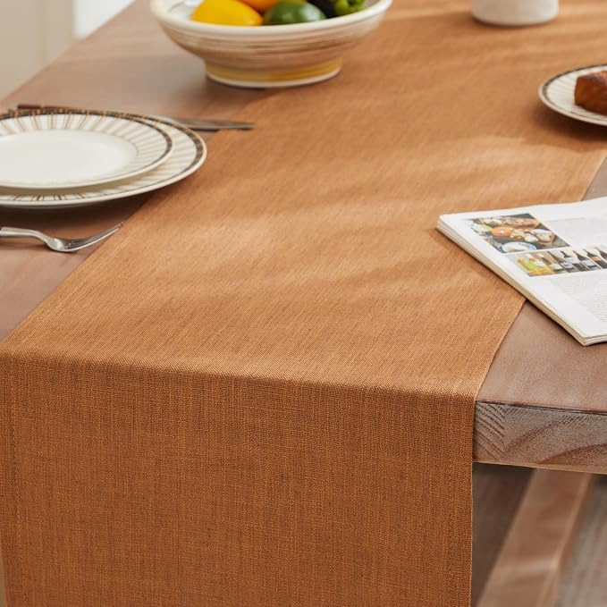 ZeeMart Rustic Cotton Linen Table Runner, 13x60 Inches Caramel, Farmhouse Style Caramel Table Runners 60 Inches Long, Washable Kitchen Dining Table Decoration for Home Party Decor