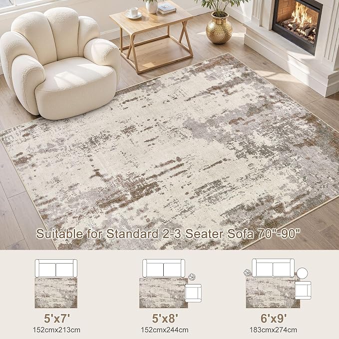 UERMEI 6x9 Area Rug Living Room Rugs - Washable Neutral Modern Abstract Soft Thin Rug Indoor Floor No Slip Rug Carpet for Bedroom Under Dining Table Home Office Decor - Brown/Grey/Beige