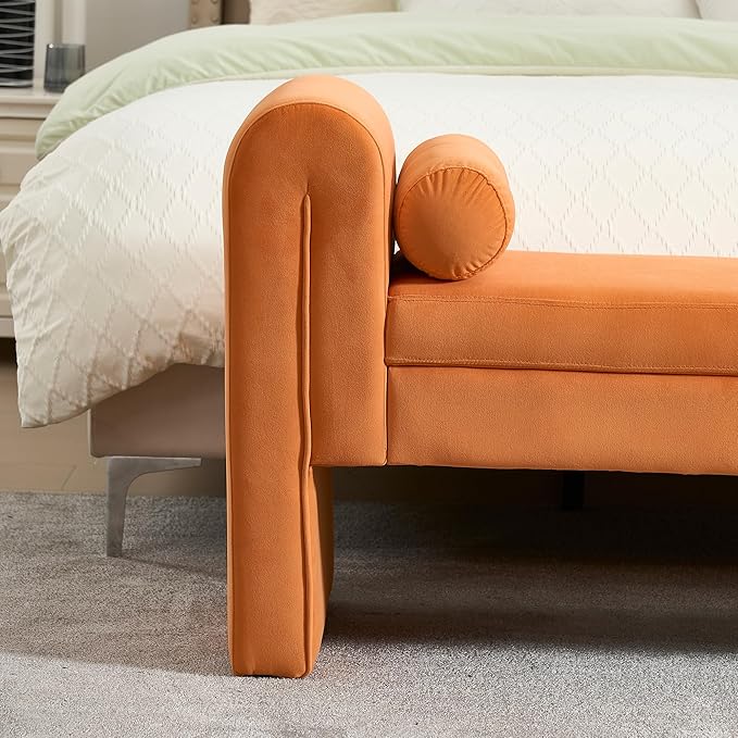 Velvet Bench for Bedroom End of Bed, 60.5- inch Upholstered Button Tufted Ottoman Bench with Rolled Arms, Button-Tufted Ottoman for Living Room, Entryway(Orange)