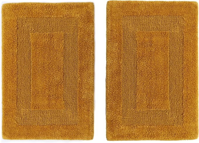 COTTON CRAFT Luxurious Bathmat Rug - Set of 2 Reversible Heavyweight Step Out Bath Mats for Bathroom Floor, Tub and Shower - Pure Cotton Soft Plush Absorbent Tufted Racetrack Mat - 17x24 - Golden Rod