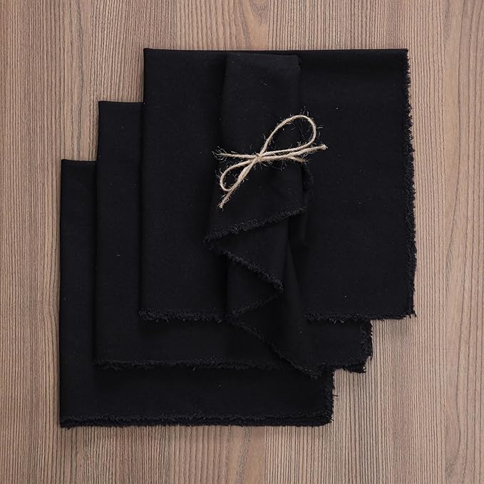 Palisa Premium Cotton Dinner Napkins Set of 12 | Black Frayed Edge Rustic Farmhouse Table Linen | Soft Washable Long Lasting Durable Cloth Serviettes for Wedding Dining Decor 18x18 Inch