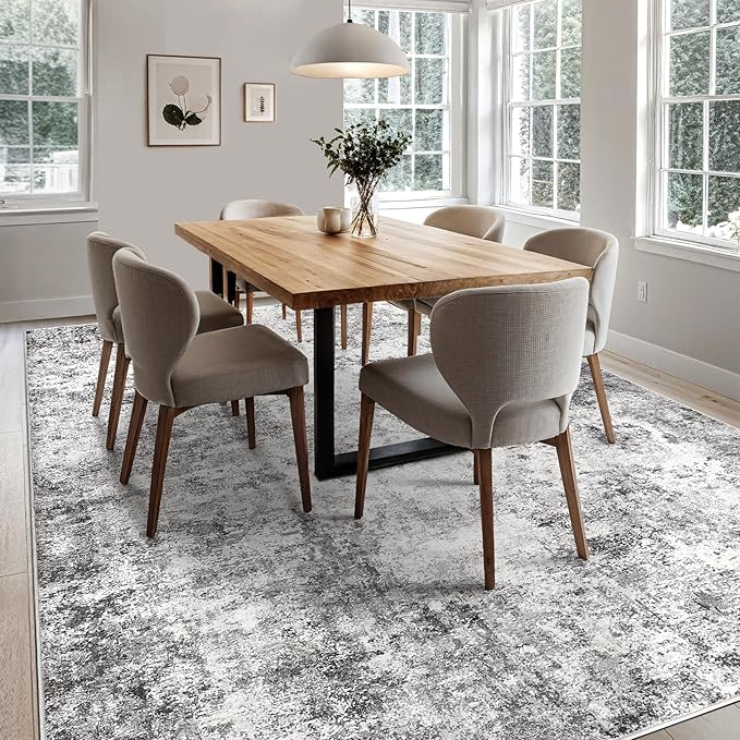 UERMEI 9x12 Area Rug Living Room Rugs - Washable Neutral Modern Abstract Soft Thin Large Rug Indoor Floor No Slip Rug Carpet for Bedroom Under Dining Table Home Office Decor - Grey