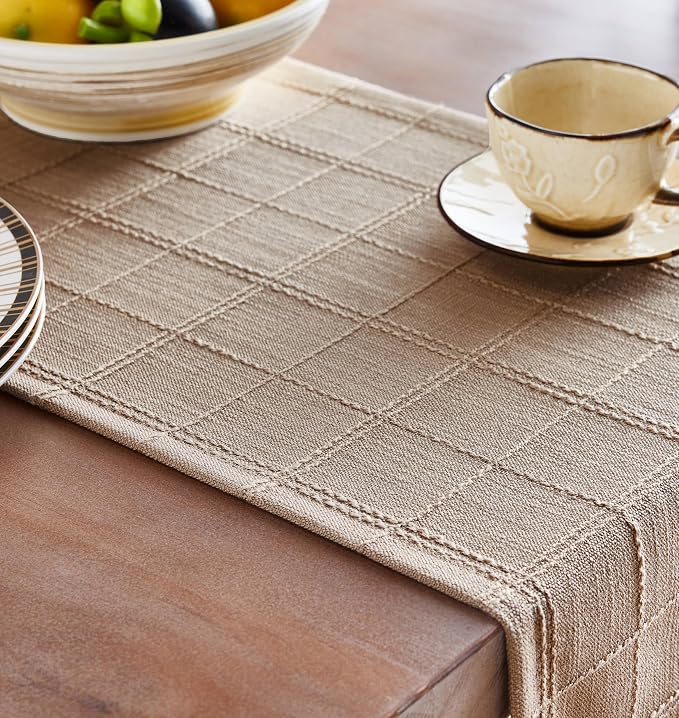 ZeeMart Linen Checked Farmhouse Table Runner, 13x36 Inches Taupe | Raised Grid Design, Rich Woven Texture, Linen Blend Table Runners 36 Inches Long, Machine Washable, Boho Home Kitchen Decor