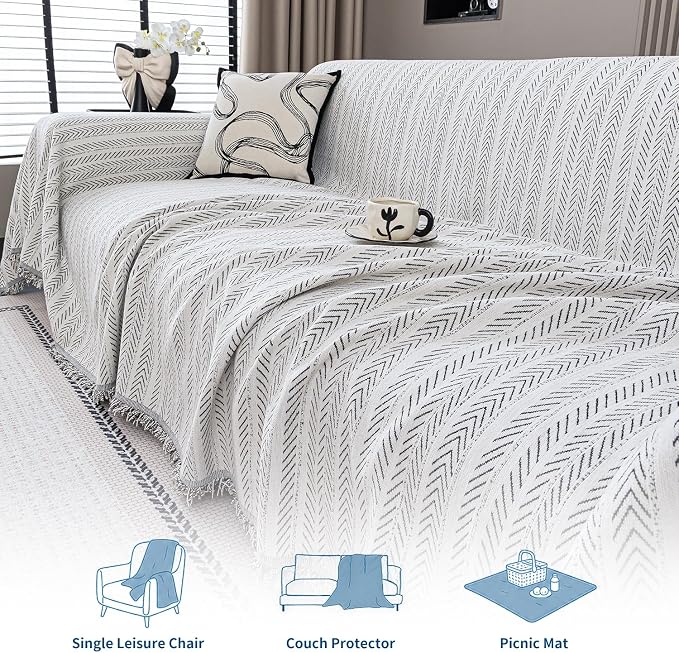 Chenille Couch Cover for Sofa Non Slip Cover Washable Pet Scratch Couch Covers Tassel Sofa Slipcover for 3 Cushion Couch Furniture Protector Blanket for Living Room,Beige 71"x150"
