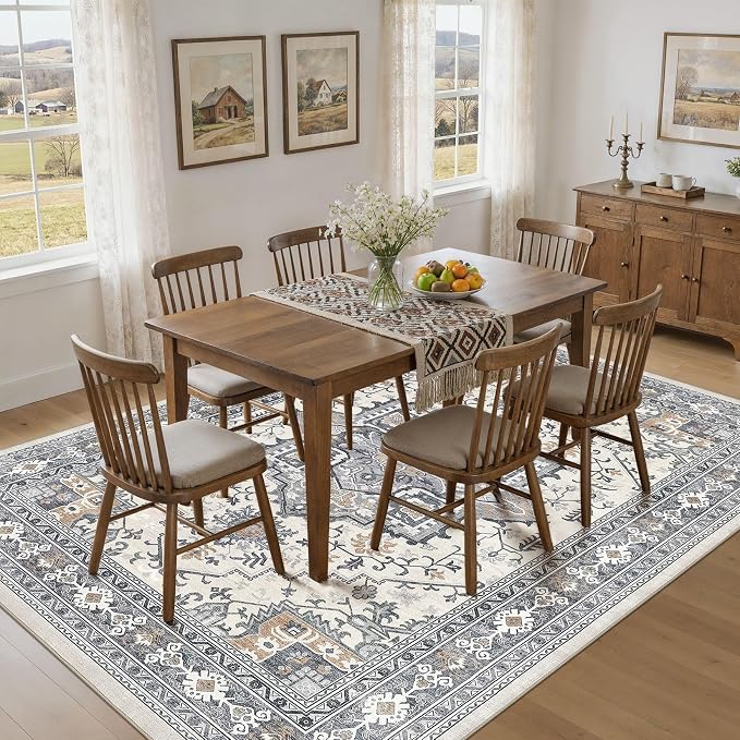 UERMEI 6x9 Area Rug Living Room Rugs - Washable Vintage Soft Large Rug Indoor Floor No Slip Rug Carpet for Bedroom Farmhouse Under Dining Table Home Office Decor - Grey-Orange