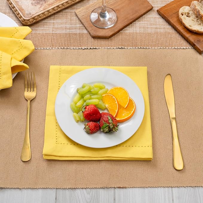 Blue Needles Set of 12 Hemstitch Linen Napkins 100% Cotton Lemon Yellow Cloth Dinner Napkins 18x18 inches - Spring Summer Easter - Soft, Reusable, Absorbent, Washable, Ideal for Parties & Everyday Use