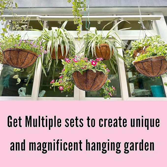 LaLaGreen Hanging Baskets for Outdoor Plants (2 Pack, 14 Inch) Large Hanging Planter with Coco Liner Round Flower Pots, Black Metal Wire Plant Holder Hook Deck Porch Modern Garden Balcony Boho Decor