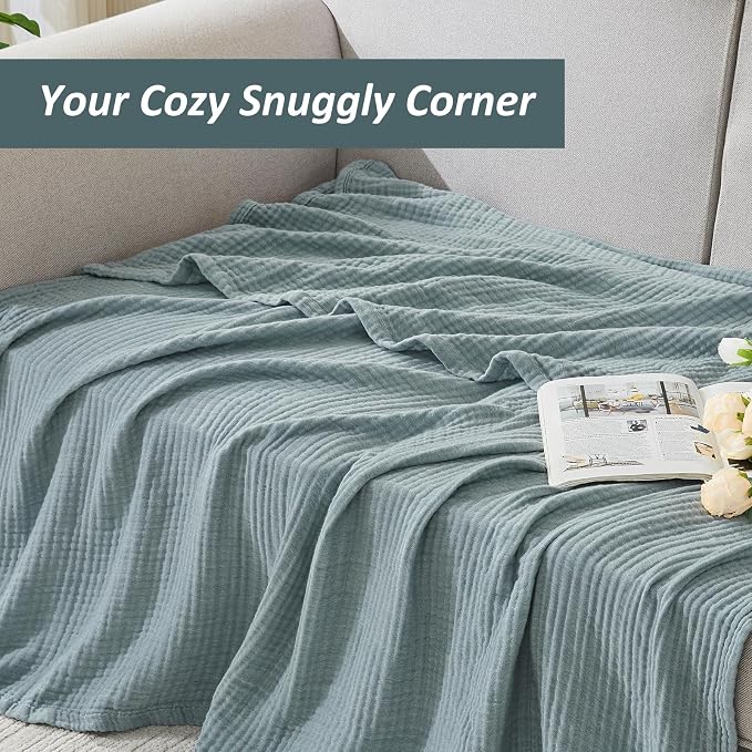 EMME Cotton Muslin Twin Blanket Breathable Gauze Soft Lightweight Blankets Adults Gifts for Women (Heather Teal, 60"x80")
