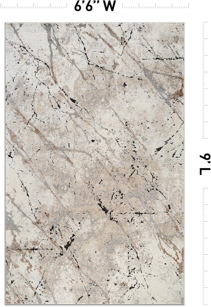 Rugshop Drifted Marble Abstract Area Rug Durable, Kid & Pet Friendly Gray, Ivory, Neutral Tones 6' 6" x 9' Great for Under Dining Sets, Large Bedrooms, or Home Offices