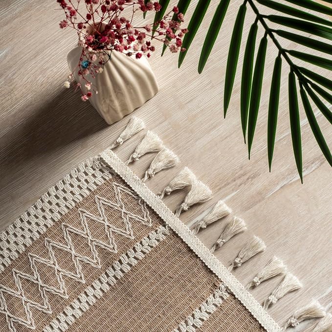 Boho Table Runner for Spring Home Decor (14x60 Inches) Long Farmhouse Rustic Table Runner, Macrame Runner with Tassels for Dining Living Room Bedroom Bridal Shower (Cream & Latte)