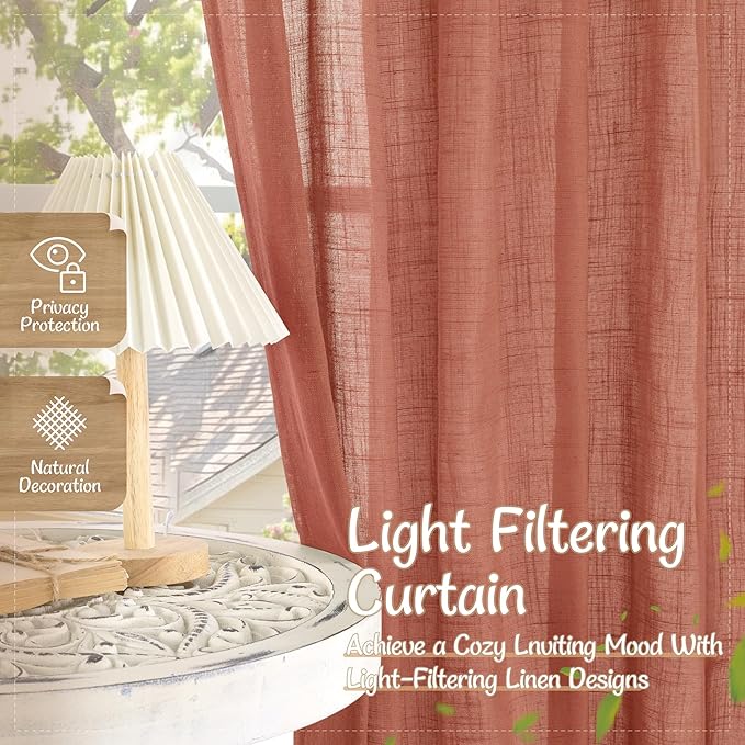 LAMIT Terracotta Linen Semi Sheer Curtains 96 Inches Long 2 Panels, Light Filtering Rustic Boho Panels Back Tab and Rod Pocket Floor to Ceiling Drapes for Living Room/Sliding Glass Door, 52 x 96 Inch