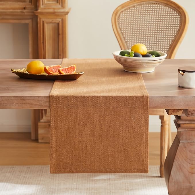 ZeeMart Rustic Cotton Linen Table Runner, 13x108 Inches Caramel, Farmhouse Style Caramel Table Runners 108 Inches Long, Washable Kitchen Dining Table Decoration for Home Party Decor