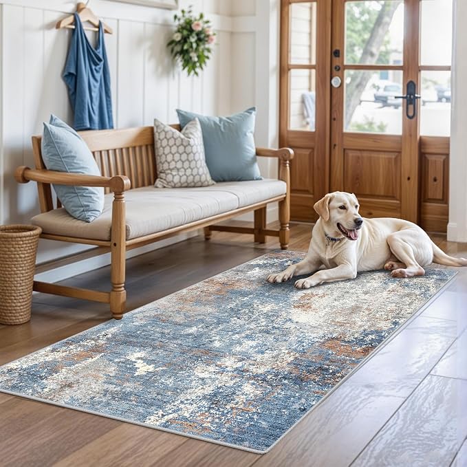 3x5 Washable Kitchen Rug – Non-Slip Rubber Backed Small Area Rug for Entryway, Bedroom, Living Room, Office – Soft Low-Pile Thin Modern Abstract Neutral Door Mat （Blue Rust,3x5）