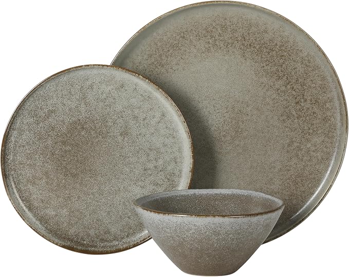 Gibson Elite Coastal Forest Plates and Bowls Sets, 12-Piece Stoneware Dinnerware Sets, Triple Reactive Glaze Dish Set - Slate Grey