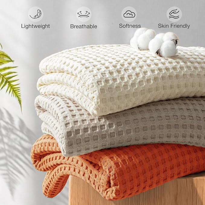 Exclusivo Mezcla Pre-Washed 100% Cotton Waffle Blanket Twin Size for Bed, 330GSM Lightweight Breathable Summer Blankets, Soft and Cozy, Home Decor, Burnt Orange, 60x80 Inches
