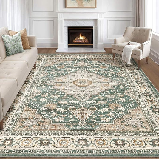 Green Rug Living Room Rugs: 7x10 Washable Boho Large Vintage Soft Stain Resistant Farmhouse Oriental Non Slip Indoor Floor Carpet for Bedroom Nursery Kids Playroom Office Dining Room Home Decor