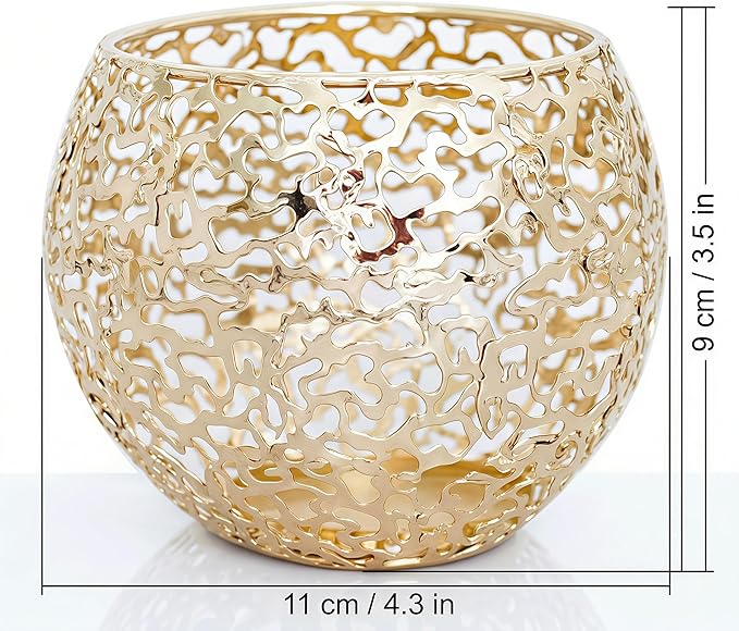 Metal Cut-Out Tealight Candle Holders Set of 2 – Geometric Lanterns for Table Centerpiece & Bathroom Spa – Shatterproof Holiday Decor, Winter Wedding (Gold*2)