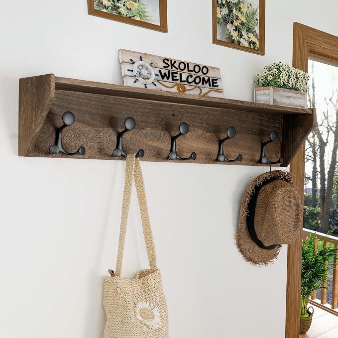 SKOLOO Wall Shelf with Hooks, 35-Inch Weathered Brown Wall Mounted Coat Rack with Shelf Organizer - Lightweight & Sturdy, 5 Tri Hooks - Perfect for Entryway, Hallway, Living Room, Bedroom, Mudroom