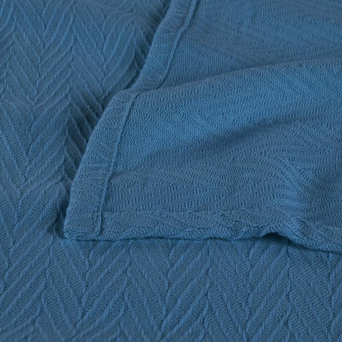 Superior Metro All-Season Cotton Blanket, Woven Blanket for Couch, Bed, Bedding, Farmhouse, Home Essentials, Cute and Cozy Bohemian Blankets, Herringbone Weave, Full/Queen, Denim Blue
