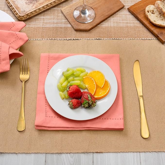 Blue Needles Set of 6 Hemstitch Linen Napkins 100% Cotton Salmon Cloth Dinner Napkins 18x18 inches - Spring Summer Easter - Soft, Reusable, Absorbent, Washable, Ideal for Parties & Everyday Use
