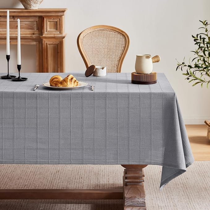 ZeeMart Linen Checked Table Cloth 60x84 Inches (Fit 5ft, Narrow Fit 6ft Rectangle Table), Farmhouse Style Plaid Embroidered Water Resistant Table Cover, Blue Ashes