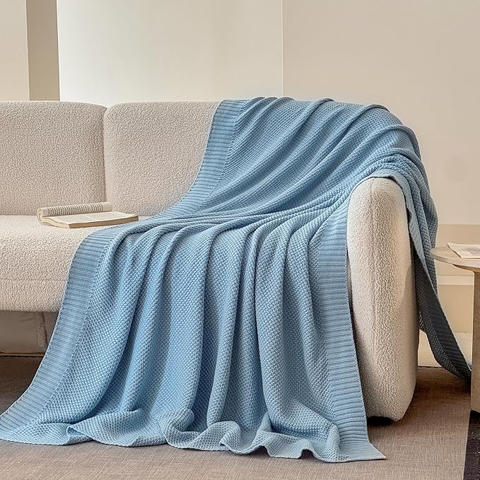 Simple&Opulence 100% Cotton Throw Blanket, Solid Color Cable Knitted Blanket Super Soft Comfortable Breathable Decorative Farmhouse for Couch Sofa Bed, All Season Use(Winter Blue,50x60)