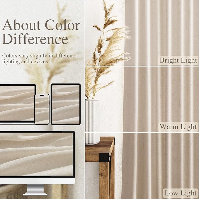 Nanspring Modern Farmhouse Decor Curtains 96 Inches Long for Living Room Linen Cream Beige Luxury Light Filtering Semi Sheer Curtain Back Tab Coastal Drapes for Bedroom Office 52x96, 2 Panels