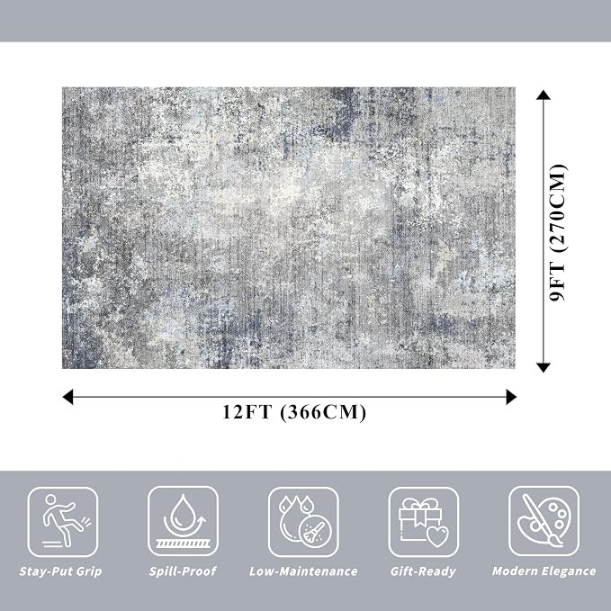 Washable Area Rug 9x12 Living Room – Neutral Modern Abstract Large Carpet for Bedroom Dining Room Office – Soft Non-Slip Low-Pile Thin Stain-Resistant Indoor Rugs （Blue Grey,9x12）