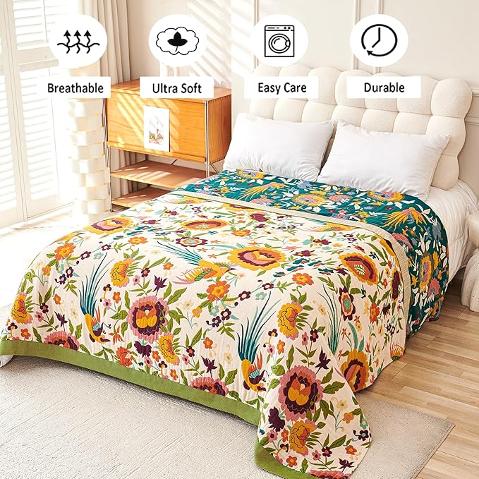 VANJOROY Boho Throw Blanket, 100% Organic Cotton Breathable Ultra Soft 80" x 90" Bed Quilt Throw - All Season Floral Rustic Farmhouse Decor Luxury Reversible Blanket for Sofa Couch Chair and Gift