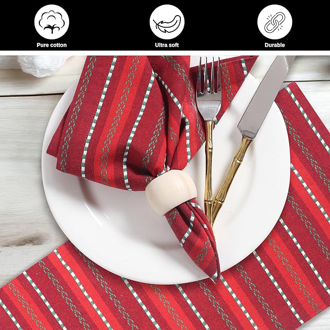 Bedding Craft Cotton Cloth Napkins Set of 12-18x18 Inch Machine Washable Dinner Napkins, Set of 12 Red Green Multi Salsa Stripe Napkins, Wedding Napkins, Cotton Cloth Napkins for Everyday Use