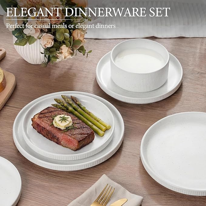 E-far Stoneware Dinnerware Sets for 2, 6-Piece Plates and Bowls Sets, Chip & Scratch Resistant Ribbed Dish Set for Home Restaurant, Microwave & Dishwasher Safe, Speckled White