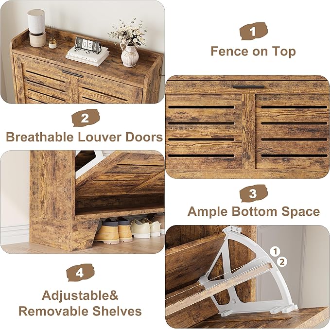 Garvee Shoe Storage Cabinet with 2 Flip Drawers, Freestanding Shoe Organizer Storage for Entryway with 2 Side Hooks, Farmhouse Hidden Slim Narrow Shoe Rack Cabinet, Rustic Brown