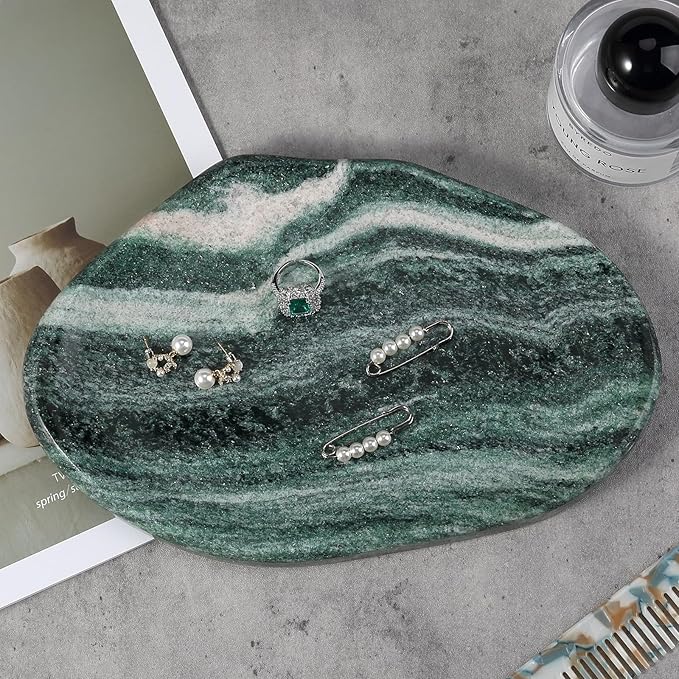 BCS Marble Jewelry Tray Trinket Dish, Decorative Cloud Vanity Key Tray for Women, Perfume Ring Holder Dish for Ring Earring, Cute Jewelry Plate Bowl Aesthetic Room Decor（Green）