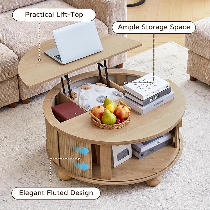 Fluted Round Lift Top Coffee Table with Hidden Storage, 33.5'' Modern Boho Center Table with Sliding Tambour Door & Solid Wood Legs, Circle Coffee Table for Living Room, Small Space, Natural