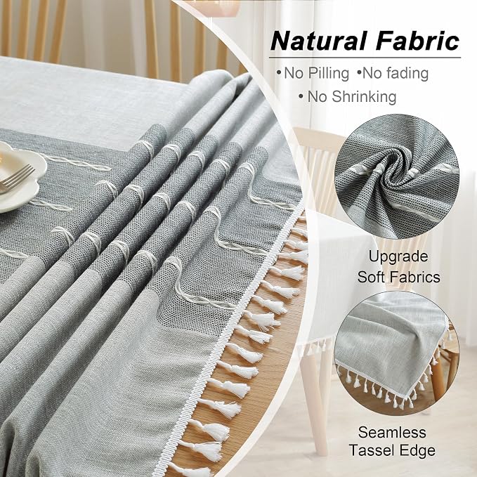 JIALE Tablecloths for Rectangle Tables,Cotton Linen Table Cloth Waterproof Tablecloth Wrinkle Free Farmhouse Dining Tables Cover,Soft Fabric Table Cloths with Tassels,Grey,55" X 70",4-6 Seats