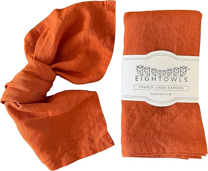 Linen Napkins –100% French Flax – Stonewashed Pure Linen Cloth Napkins - Size 18 Inch x 18 Inch – Set of 4 (Sunset Orange)