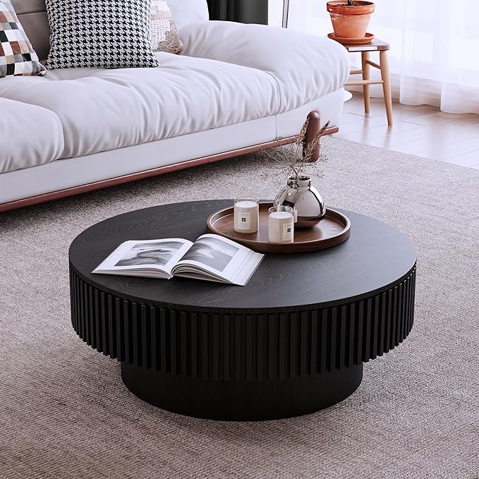 31.5'' Round Coffee Table with Storage, Modern Luxury Circle Drum Center Tables with Solid Wood Veneered, Accent Side Coffee Table for Living Room, Bedroom, Apartment-Black