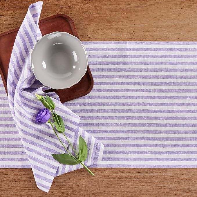 Solino Home Striped Linen Table Runner 36 Inches - Amalfi Stripe, 100% Pure Linen Violet and White Small Table Runner 14 x 36 Inch Ideal for Dresser and Coffee Tables - Summer