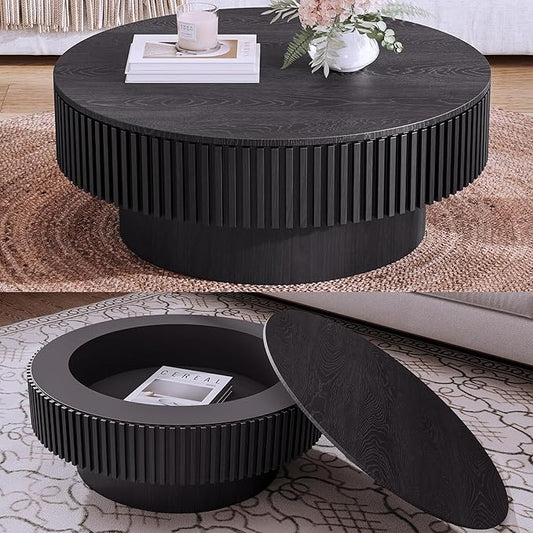 31.5'' Round Coffee Table with Storage, Modern Luxury Circle Drum Center Tables with Solid Wood Veneered, Accent Side Coffee Table for Living Room, Bedroom, Apartment-Black